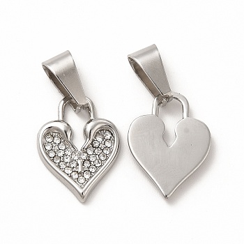 304 Stainless Steel Pendants, with Crystal Rhinestone and 201 Stainless Steel Snap on Bails, Heart Pad Charms, Stainless Steel Color, 19x14x2mm, Hole: 4x9mm