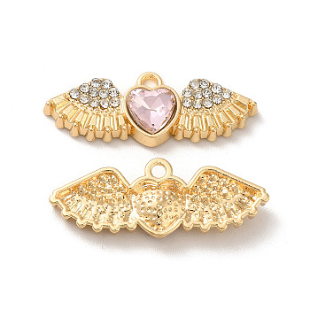 Rack Plating Alloy Rhinestone Charms, with Glass, Nickel Free, Heart with Wings, Golden, Pink, 10.5x27.5x5mm, Hole: 1.6mm