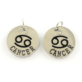 Alloy Pendants, with Rhinestone, Flat Round, with Constellation/Zodiac Sign, Platinum, Cancer, 22x2.5mm, Hole: 5.5mm