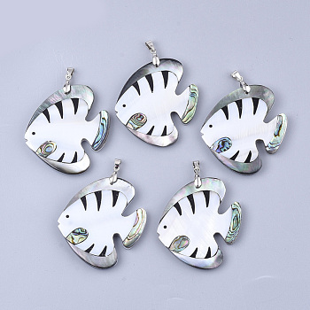 Shell Big Pendants, with Brass Findings, Fish, Platinum, Seashell Color, 53~54x46~48x4~5mm, Hole: 6x4mm