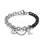 Two Tone Peace Symbol & Quote Charm Bracelets, 316L Stainless Steel Cable Chain & Curb Chain Bracelets for Women Men, Stainless Steel Color, 8.27 inch(21cm)(FS-WGFBFF4-03)