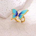 304 Stainless Steel Enamel Open Cuff Rings, Golden, Butterfly, US Size 8 1/2(18.5mm)(RJEW-P182-06B-G)