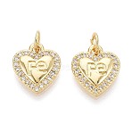 Brass Micro Pave Clear Cubic Zirconia Pendants, Heart with F&eacute; Faith Charms, Real 16K Gold Plated, 12.5x11x2.5mm, Hole: 3~3.5mm, Jump Ring: 5x0.8mm, 3~3.5mm inner diameter(KK-T080-55G)