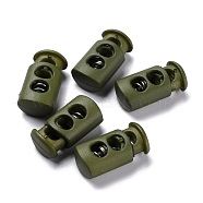 Plastic Spring Cord Lock Stopper Cylinder, with Iron Findings, 2-Hole, Platinum, Dark Olive Green, 23.5x12x8.5mm, Hole: 6x3.5mm(FIND-I013-A09)