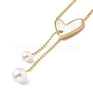 Synthetic White Shell Heart with Plastic Pearl Pendant Necklace, Ion Plating(IP) 304 Stainless Steel Jewelry for Women, Golden, 15.71 inch(39.9cm)(NJEW-G036-05G)