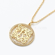Brass Micro Pave Clear Cubic Zirconia Pendant Necklaces, Flat Round with Letter, Real 18K Gold Plated, Letter.R, 16.14~17.20 inch(41~43.7cm)(NJEW-E153-01R)