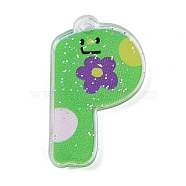 Acrylic Pendants, with Glitter Power, Letter with Smiley Face, Letter P, 29~38x21.5~34.5x2.8mm, Hole: 3mm(MACR-R002-02P)