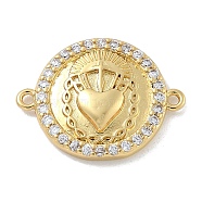 Rack Plating Brass Micro Pave Clear Cubic Zirconia Sacred Heart of Jesus Connector Charms, Flat Round Links, Long-Lasting Plated, Cadmium Free & Lead Free, Real 18K Gold Plated, 15x19.5x3mm, Hole: 1mm(KK-A234-065G)