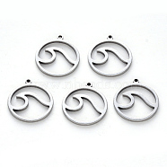 304 Stainless Steel Pendants, Laser Cut, Round Ring with Wave, Stainless Steel Color, 17x15x1mm, Hole: 1mm(STAS-N092-95)