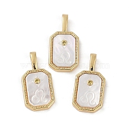 Rack Plating Brass Micro Pave Cubic Zirconia Pendants, with Shell, Long-Lasting Plated, Lead Free & Cadmium Free, Real 18K Gold Plated, Sheild with Twelve Constellations, Leo, 20.5x10x2.5mm, Hole: 4.5x2mm(KK-U032-90G-10)