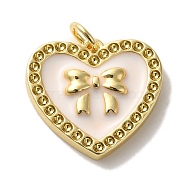 Rack Plating Brass Pendants, with Enamel and Jump Ring, Cadmium Free & Lead Free, Long-Lasting Plated, Real 18K Gold Plated, Heart with Bowknot Charm, Beige, 16.5x18x3mm, Hole: 3mm(KK-U027-24G-03)