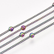 Brass Curb Chains, with Round Beads, with Spool, Soldered, Rainbow Color, 2.5x2x0.3mm, about 20yard/roll(CHC-S007-04)