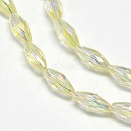 Electroplate Crystal Glass Rice Beads Strands, Faceted, Rainbow Color Plated, Light Yellow, 4x9mm, Hole: 1mm, about 58pcs/strand, 20.4 inch(EGLA-F042-A15)