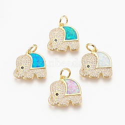 Brass Micro Pave Cubic Zirconia Pendants, with Synthetic Opal, Elephant, Mixed Color, Golden, 17x16x2.5mm, Hole: 4mm(KK-O107-22G)