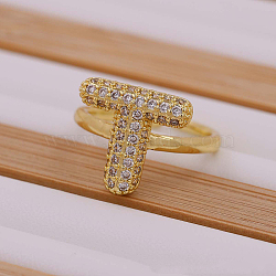 Brass Micro Pave Clear Cubic Zirconia Initial Cuff Rings, Golden, Letter T, Inner Diameter: Adjustable(FS-WGB210B-20)