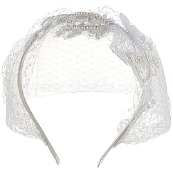 Bridal Flower Rhinestone Mesh Veil Cloth Hair Bands, Hair Accessories for Women Masquerade Party, White, 142x116x7mm(OHAR-WH0001-14A)