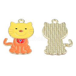 Rack Plating Alloy Enamel Pendants, Cadmium Free & Lead Free, Cat, Light Gold, Coral, 25x16x1mm, Hole: 1.8mm(ENAM-N060-07B)