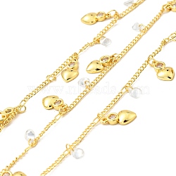 Rack Plating Brass Curb Chains, with Clear Cubic Zirconia Heart Charms, Long-Lasting Plated, Unwelded, with Spool, Cadmium Free & Lead Free, Golden, 1.5mm(CHC-C025-04G)