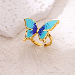 304 Stainless Steel Enamel Open Cuff Rings, Golden, Butterfly, US Size 8 1/2(18.5mm)(RJEW-P182-06B-G)