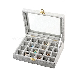 Velvet Jewelry Storage Box with 24 Compartments, Visible Window Jewelry Organizer Display Case for Earrings Rings Necklaces, Rectangle, Light Grey, 15x20x5cm(PW-WG35559-04)