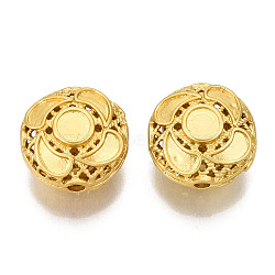 4-Hole Brass Beads, Hollow, Flat Round, Matte Gold Color, 12x7.5mm, Hole: 1.6mm(KK-S310-29)
