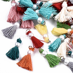 Polycotton(Polyester Cotton) Tassel Pendant Decorations, Mini Tassel, with Golden Tone Iron Findings and ABS Plastic Imitation Pearl, Mixed Color, 23mm, Jump ring: 5x0.8mm, 3.4mm inner diameter(FIND-T052-13)