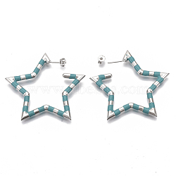 (Jewelry Parties Factory Sale)Brass Stud Earrings, with Enamel and Earring Backs, Star, Real Platinum Plated, Dark Turquoise, 50~51x48.5x3.5mm, Pin: 0.7mm(EJEW-S209-18-03P)