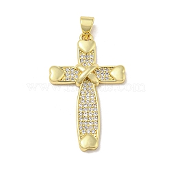 Rack Plating Brass Micro Pave Cubic Zirconia Pendants, Long-Lasting Plated, Lead Free & Cadmium Free, Cross Charms, Religion, Real 18K Gold Plated, 33x20x3.5mm, Hole: 5x3mm(KK-F869-14G)