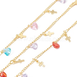 Handmade Cubic Zirconia Heart & Brass Cross Charms Chain, with Curb Chains, Real 18K Gold Plated, Lead Free & Cadmium Free, Soldered, with Spool, Colorful, 2x2x0.5mm(CHC-E025-46G)