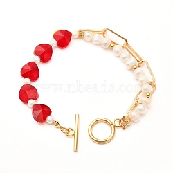 Shell Pearl Beaded Bracelets for Girl Women, Heart Glass Bracelets with Paperclip Chain, Red, 7-1/4 inch(18.5cm)(X1-BJEW-TA00014)