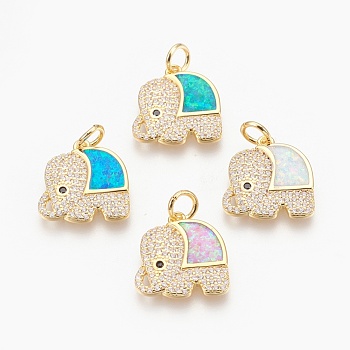 Brass Micro Pave Cubic Zirconia Pendants, with Synthetic Opal, Elephant, Mixed Color, Golden, 17x16x2.5mm, Hole: 4mm