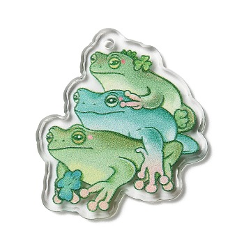 Printed Acrylic Pendants, Frog, Dark Sea Green, 37x32x2.5mm, Hole: 1.8mm