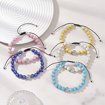 Acrylic & Alloy Beads Braided Bead Bracelets, Braided Nylon Thread Bracelets for Women Men, Round with Cross & Flat Round with Jesus and Latin Cross, Mixed Color, Inner Diameter: 2.17~3.54 inch(5.5~9cm)