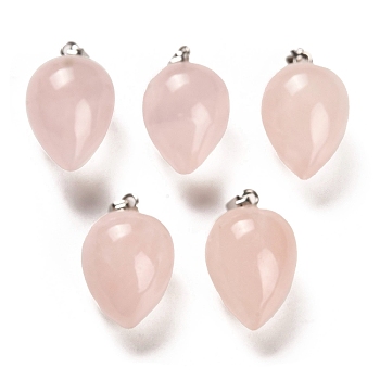 Natural Rose Quartz Pendants, with Platinum Plated Iron Snap on Bails, Teardrop, 24~25x15~16mm, Hole: 7x3.5mm