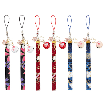 3Pcs Japanese Enamel Sakura Brass Bell Mobile Straps, with Polyester Strap for Mobile Phone Decoration, Mixed Color, 18.5cm