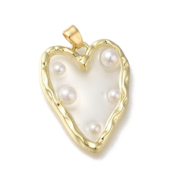 Rack Plating Brass Pendants, with Plastic Imitation Pearl, Long-Lasting Plated, Lead Free & Cadmium Free, Heart, Real 18K Gold Plated, 26.5x20.5x4mm, Hole: 4x3mm