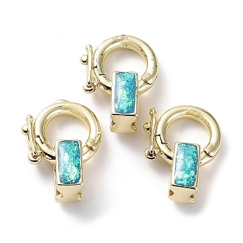 Brass Fold Over Clasps, with Synthetic Opal, Cadmium Free & Lead Free, Long-Lasting Plated, Real 18K Gold Plated, 13.5x11x5.5mm