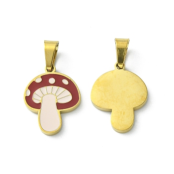 Ion Plating(IP) 304 Stainless Steel Manual Polishing Pendants, with Enamel and 201 Stainless Steel Clasp, Mushroom Charms, Golden, 16x12x1.5mm, Hole: 3x5.5mm