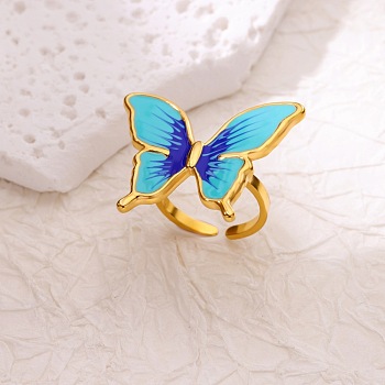 304 Stainless Steel Enamel Open Cuff Rings, Golden, Butterfly, US Size 8 1/2(18.5mm)