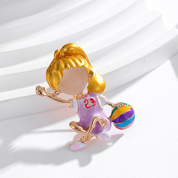 Cute Girl with Ball Enamel Pins, Lovely Girl Alloy Badge for Backpack Clothes, Light Gold, Colorful, 37.5x31mm