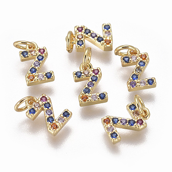Brass Micro Pave Cubic Zirconia Charms, Letter, Colorful, Golden, Letter.Z, 8.3x5x1.8mm, Hole: 2mm