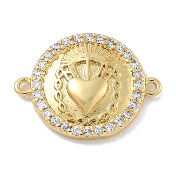 Rack Plating Brass Micro Pave Clear Cubic Zirconia Sacred Heart of Jesus Connector Charms, Flat Round Links, Long-Lasting Plated, Cadmium Free & Lead Free, Real 18K Gold Plated, 15x19.5x3mm, Hole: 1mm