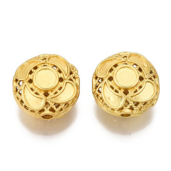 4-Hole Brass Beads, Hollow, Flat Round, Matte Gold Color, 12x7.5mm, Hole: 1.6mm