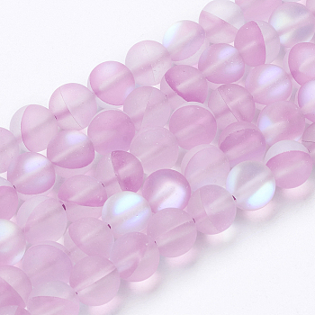 Synthetic Moonstone Beads Strands, Holographic Beads, Frosted, Round, Plum, 8mm, Hole: 0.8mm, about 47~48pcs/strand, 15.1 inch