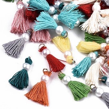Polycotton(Polyester Cotton) Tassel Pendant Decorations, Mini Tassel, with Golden Tone Iron Findings and ABS Plastic Imitation Pearl, Mixed Color, 23mm, Jump ring: 5x0.8mm, 3.4mm inner diameter