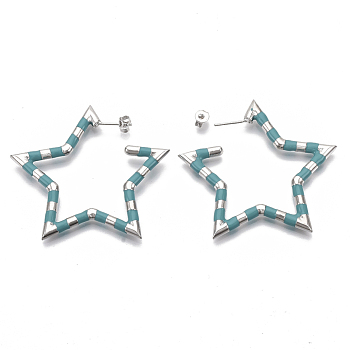 (Jewelry Parties Factory Sale)Brass Stud Earrings, with Enamel and Earring Backs, Star, Real Platinum Plated, Dark Turquoise, 50~51x48.5x3.5mm, Pin: 0.7mm