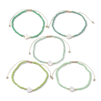 5Pcs 5 Colors Natural Shell Heart & Seed Braided Bead Bracelets Set, Adjustable Synthetic Hematite Stackable Bracelets, Lime Green, Inner Diameter: 2-1/4~3-3/8 inch(5.6~8.7cm), 1Pc/color