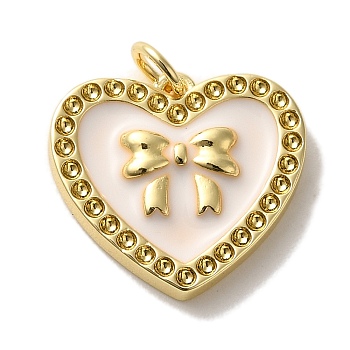 Rack Plating Brass Pendants, with Enamel and Jump Ring, Cadmium Free & Lead Free, Long-Lasting Plated, Real 18K Gold Plated, Heart with Bowknot Charm, Beige, 16.5x18x3mm, Hole: 3mm