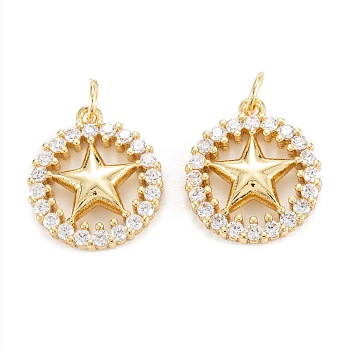 Brass Micro Pave Clear Cubic Zirconia Pendants, Long-Lasting Plated, Flat Round with Star, Real 18K Gold Plated, 16.5x14.5x3mm, Hole: 3.4mm