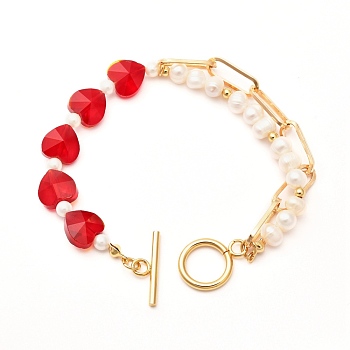 Shell Pearl Beaded Bracelets for Girl Women, Heart Glass Bracelets with Paperclip Chain, Red, 7-1/4 inch(18.5cm)